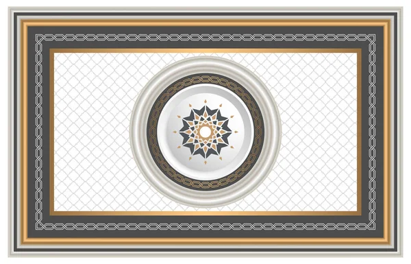 Classic style luxury stretch ceiling decoration image. 3d golden yellow decorative frame and round ornament in the middle.