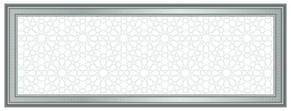 Stretch ceiling corridor model. 3d shiny gray frame on islamic motif background.