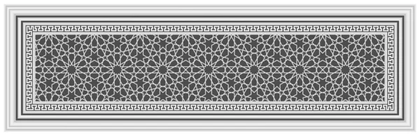 Horizontal and long corridor stretch ceiling pattern. Gray color embossed decorative frame and traditional islamic motif background.