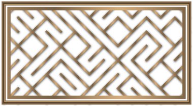 Parlak altın renkli labirent çizgili desen ve beyaz arka planda 3D kabartmalı çerçeve. Dekoratif duvar kağıdı, esnek tavan dekorasyonu ve tasarım ögesi olarak kullanılabilir.