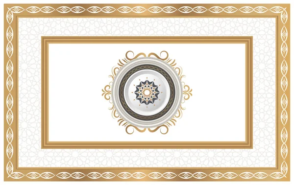 Stretch ceiling pattern. Decorative round ornament in golden yellow frame. High quality picture suitable for digital printing