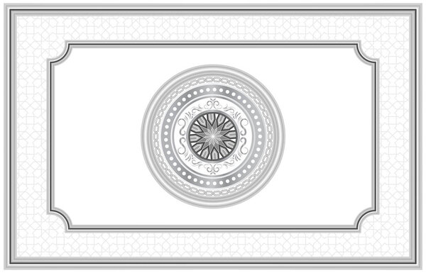 Stretch ceiling decoration pattern. Traditional islamic motif background. Black and silver gray decorative 3d embossed frame. Circular ornament in the middle.
