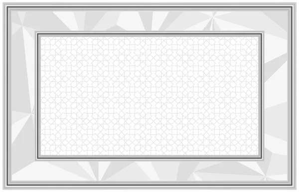 Stretch ceiling decoration pattern. Traditional islamic motif and white polygonal texture background. Black and silver gray decorative 3d embossed frame.