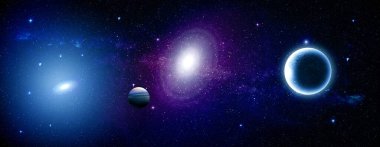Shining stars and planets. Space background. Many stars and space texture. Blue and purple nebula lights. 3d illustration