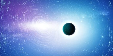 Star trails, planet, spiral galaxy and nebula lights. Cosmos background. '3D rendering''