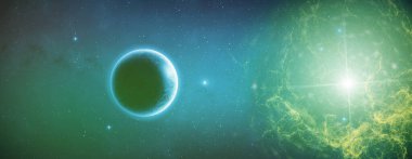 Milky way galaxy and green nebula lights. Planet, shining stars, cosmos background. ''3D rendering''