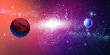 Planet, cosmos background. Shining stars in space, alien planets and the Milky Way galaxy. Space scene with, star and galaxies.  ''3D rendering''