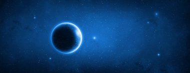 Blue planet and shining stars in dark space. panoramic space background. 3D illustration