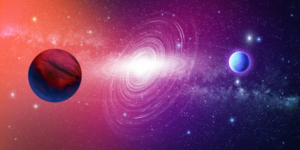 Planet, cosmos background. Shining stars in space, alien planets and the Milky Way galaxy. Space scene with, star and galaxies.  ''3D rendering''