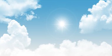 Fluffy clouds and shining sun. Sky bottom up view