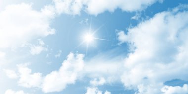 Blue sky, sunlight and white clouds. Stretch ceiling decoration image. Natural sky background.