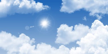 Blue sky with clouds and sun rays. Sky background for ceiling decoration, digital printing and designs.