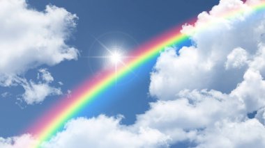 Shining sun and amazing rainbow among fluffy clouds in blue sky. Nature background. 3D stretch ceiling decoration model