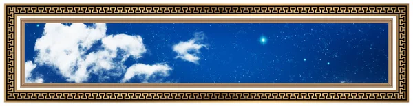 Stretch ceiling decoration image. Bottom-up view of a decorative frame and starry sky. Shining stars in space in the night sky.