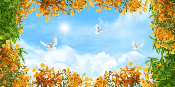 Stretch ceiling sky model. Yellow color flowers, green tree leaves  and flying doves. Sky landscape.