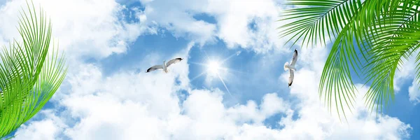 Ceiling decoration picture. Bottom up view of palm leaves. Two seagulls flying in the beautiful cloudy sky