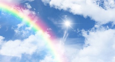Rainbow among the clouds. Sun shining in the blue sky. Stretch ceiling decoration pattern.