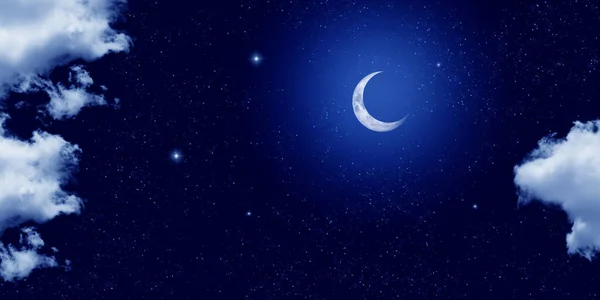 Crescent moon and starry night sky.  dark blue sky and clouds. starry night and moonlight landscape.