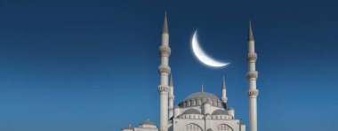 Ramadan concept - Ramadan kareem. Tall white minarets, mosque dome and crescent in the sky. Religious background image.
