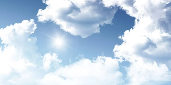 Cielo Azul Con Sol Brillando Través Nubes Esponjosas Fondo Cielo — Foto de Stock