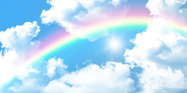 stock image Sky background image. Beautiful blue sky, white clouds, sun and rainbow. 