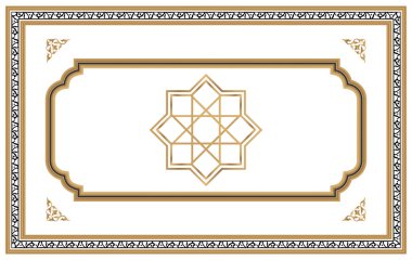 Altın sarısı dekoratif çerçeve ve ortada İslami motif. Duvar kağıdı, tasarım ögesi ve tavan süsleme resmi olarak kullanılabilir.