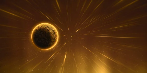 Yellow cosmic lights and unknown planet in to the galaxy. 3D illustration