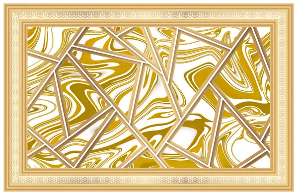 Stretch Plafond Decoratie Afbeelding Glanzend Goudgeel Decoratief Frame Marmeren Patroon — Stockfoto