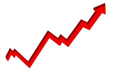 Grafik oku yukarı. Büyüyen Kırmızı Ok. 3d kırmızı grafik. Büyüme ve artış kavramı. Kriz, ekonomik durgunluk, işsizlik, borsa, mali yatırım, faiz oranı. 