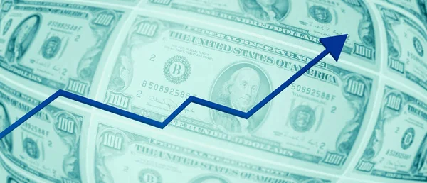 Dollar bills with rising blue arrow - unemployment, interest, inflation, recession and financial concept background image
