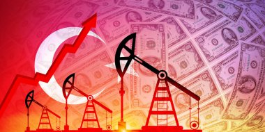 Petrol ve yakıt krizi konsepti. Türk bayrağı ve dolarının arka planında petrol sondaj pompası.