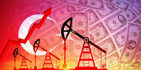 Концепция нефтяного и топливного кризиса Бурение нефти на фоне турецкого флага и доллара.