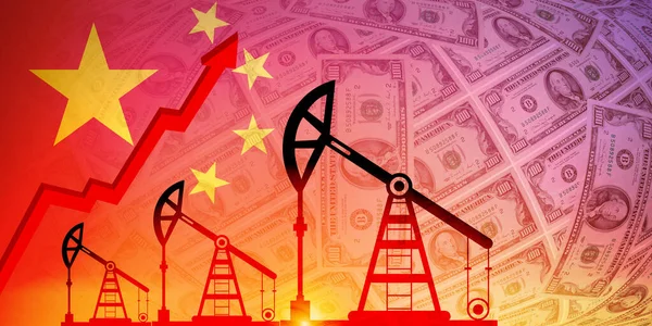 Conceito Crise Petróleo Combustível Bomba Perfuração Petróleo Fundo Bandeira China — Fotografia de Stock