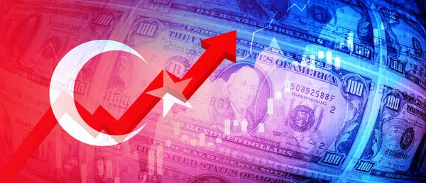 Türk Bayrağı, dolar banknotları, borsa grafiği ve yükselen finansal veriler. İstihdam, faiz, enflasyon, durgunluk ve finansal konsept arka plan resmi