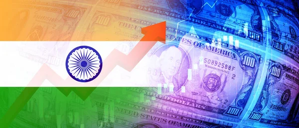 Indien Flagga Dollarsedlar Börsdiagram Och Finansiella Data Stigande Röd Pil — Stockfoto