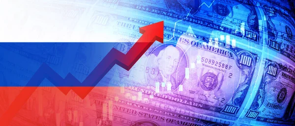 Orosz Zászló Dollárszámlák Tőzsdei Diagram Pénzügyi Adatok Emelkedő Piros Nyíl — Stock Fotó
