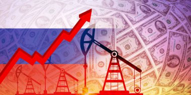 Petrol, gaz ve yakıt krizi konsepti. Rus bayrağı ve dolarının arka planında petrol sondaj pompası.