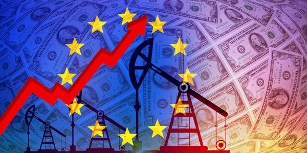 天然气和燃料危机概念 欧洲联盟旗帜和美元背景下的石油钻井泵 — 图库照片