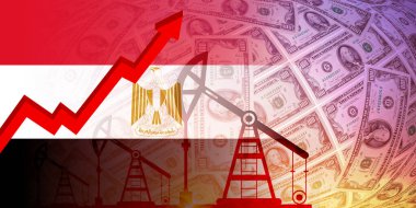 Petrol, gaz ve yakıt krizi konsepti. Mısır bayrağı ve doların arka planında petrol sondaj pompası.