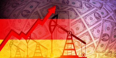 Petrol, gaz ve yakıt krizi konsepti. Almanya bayrağı ve doların arka planında petrol sondaj pompası.