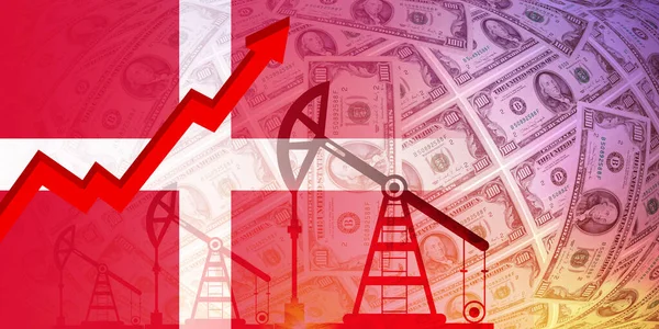 天然气和燃料危机概念 以丹麦国旗和美元为背景的石油钻井泵 — 图库照片