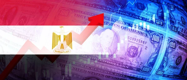 埃及国旗 美元票据 股市图表和不断上升的红箭金融数据 通货膨胀 衰退和金融概念背景形象 — 图库照片