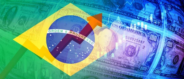 Brasiliansk Flagga Dollarsedlar Börsdiagram Och Stigande Röd Pil Finansiella Data — Stockfoto
