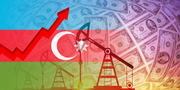 天然气和燃料危机概念 阿塞拜疆国旗上的石油钻机泵和美元背景 — 图库照片