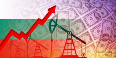 Petrol, gaz ve yakıt krizi konsepti. Bulgaristan bayrağı ve dolar arkaplanda petrol platformu pompası.