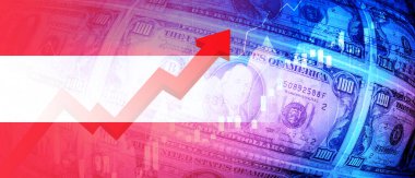 Avusturya bayrağı, dolar banknotları, borsa grafiği ve yükselen kırmızı ok finansal verileri. İstihdam, faiz, enflasyon, durgunluk ve finansal konsept arka plan resmi