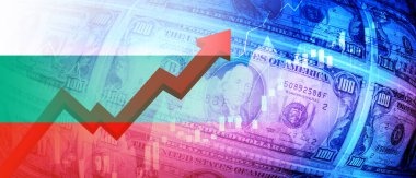 Bulgaristan bayrağı, dolar banknotları, borsa grafiği ve yükselen kırmızı ok finansal verileri. İstihdam, faiz, enflasyon, durgunluk ve finansal konsept arka plan resmi