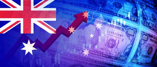 Australian flag, dollar bills, stock market chart and rising red arrow financial data. Employment, interest, inflation, recession and financial concept background image