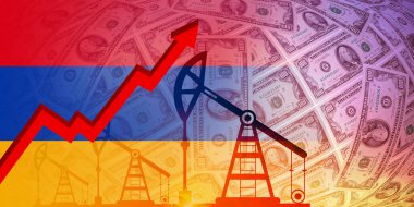 Petrol, gaz ve yakıt krizi konsepti. Ermenistan bayrağında petrol platformu pompası ve dolar geçmişi.