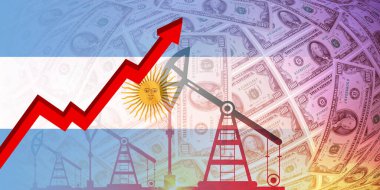 Petrol, gaz ve yakıt krizi konsepti. Arjantin bayrağında petrol platformu pompası ve dolar geçmişi.